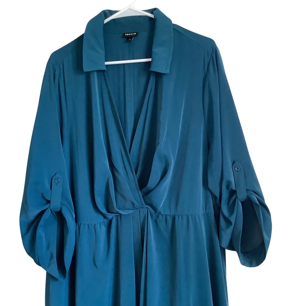 Torrid Teal Blue Surplice‎ V-Neck Roll Tab Sleeve Midi Dress Womens Plus Size 3